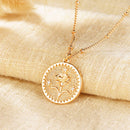 Dremmy Studios Birthday Flower Pendant Necklace 18K Gold Plated Exquisite Minimalist Birthday Flower Disc Pendant Carved Coin Necklace Minimalist Exquisite Customized Gift for Mom and Daughter, Metal, No Gems