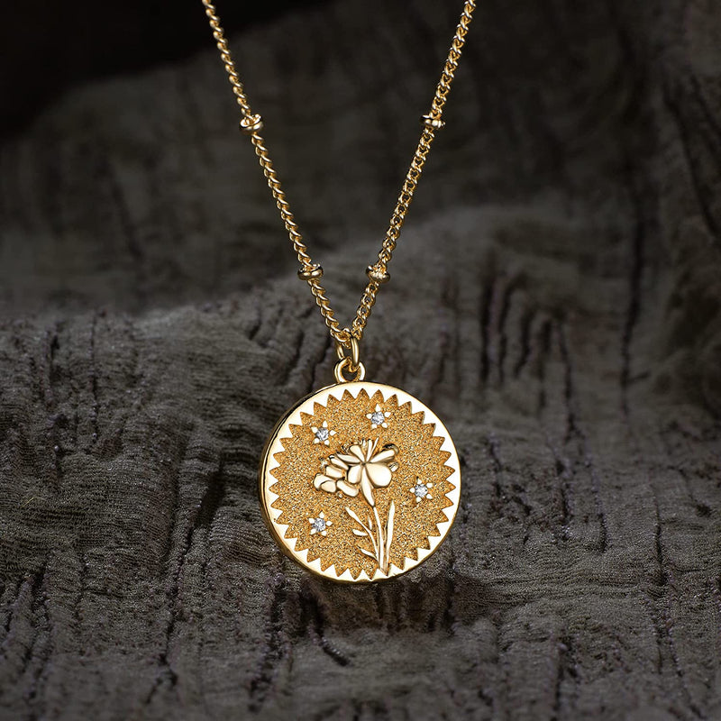 Dremmy Studios Birthday Flower Pendant Necklace 18K Gold Plated Exquisite Minimalist Birthday Flower Disc Pendant Carved Coin Necklace Minimalist Exquisite Customized Gift for Mom and Daughter, Metal, No Gems