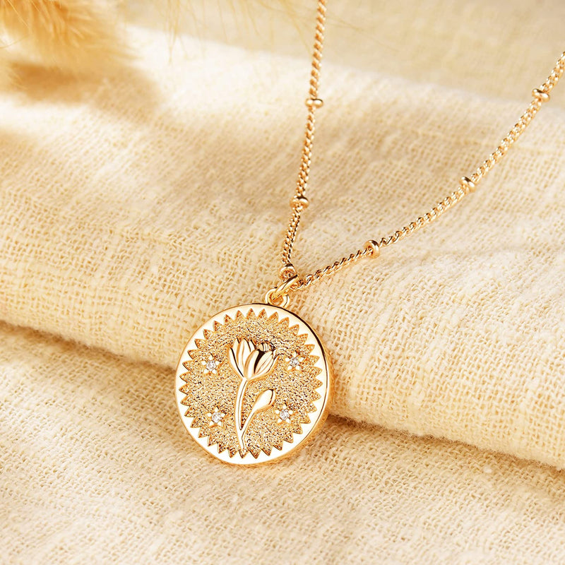 Dremmy Studios Birthday Flower Pendant Necklace 18K Gold Plated Exquisite Minimalist Birthday Flower Disc Pendant Carved Coin Necklace Minimalist Exquisite Customized Gift for Mom and Daughter, Metal, No Gems