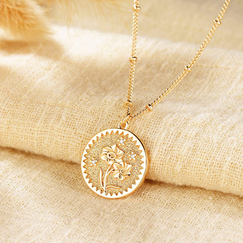 Dremmy Studios Birthday Flower Pendant Necklace 18K Gold Plated Exquisite Minimalist Birthday Flower Disc Pendant Carved Coin Necklace Minimalist Exquisite Customized Gift for Mom and Daughter, Metal, No Gems