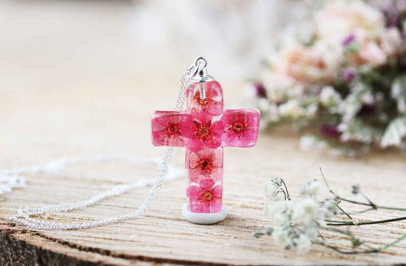 Cross Necklace / Pink Flowers / Pink Necklace / Christian Jewelry / Gifts for her / Bridal Jewellery / Botanical Jewelry / Easter Necklace