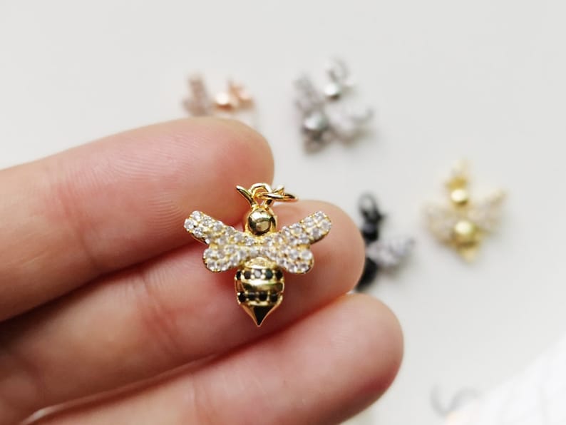 5pcs crystal bee charm pendant,cz pave bee charm,rhinestone bee charm,bracelet necklace pendant,animal charm,insects, gold plated over brass