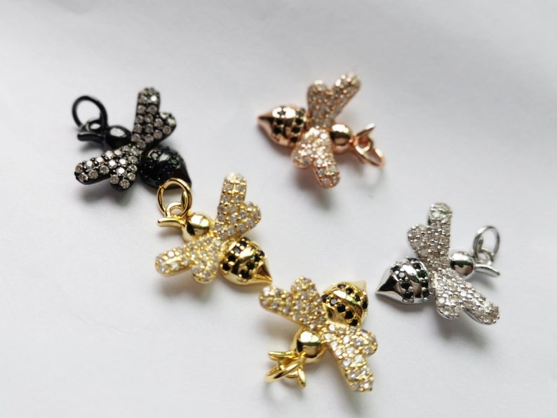 5pcs crystal bee charm pendant,cz pave bee charm,rhinestone bee charm,bracelet necklace pendant,animal charm,insects, gold plated over brass