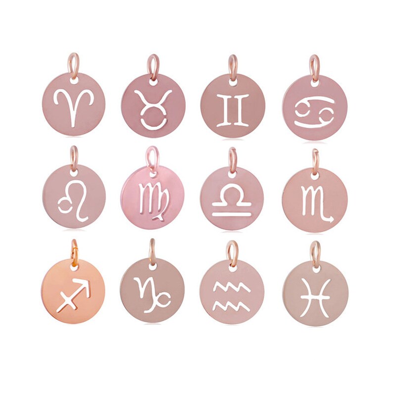 12pcs/set stainless steel 12 Zodiac charm Pendants circle round coin disc drop dangle birthday charm Zodiac bracelet necklace,12mm,rose gold