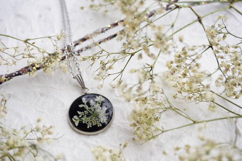 Queen Annes Lace Necklace Pendant | REAL Pressed Flower Necklace | Black and White Collection | Boho Wedding Jewelry by Pressed Wishes