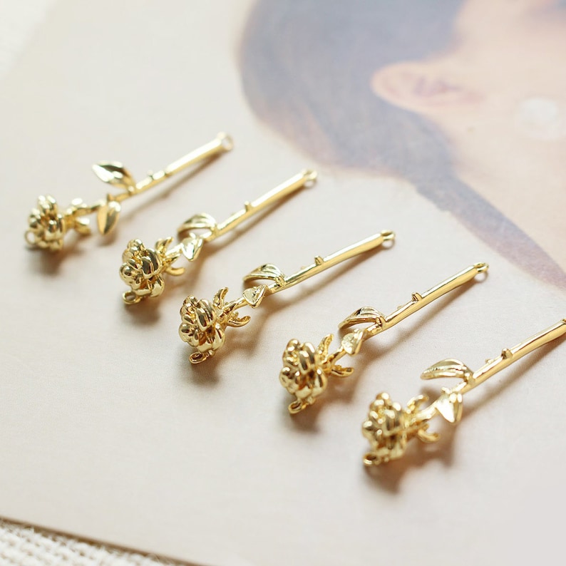 6pcs real 18k gold plated rose flower charm, rose connector,plant pendant,Jewelry Making,diy supply