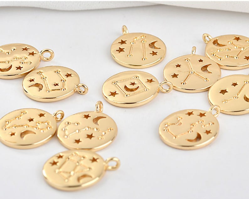 5pcs Real 18K Gold Plated Twelve constellations Charm,Gold Initial Charm,Vermeil Letter Pendant,Gold Initial Charms,Round Coin Charm