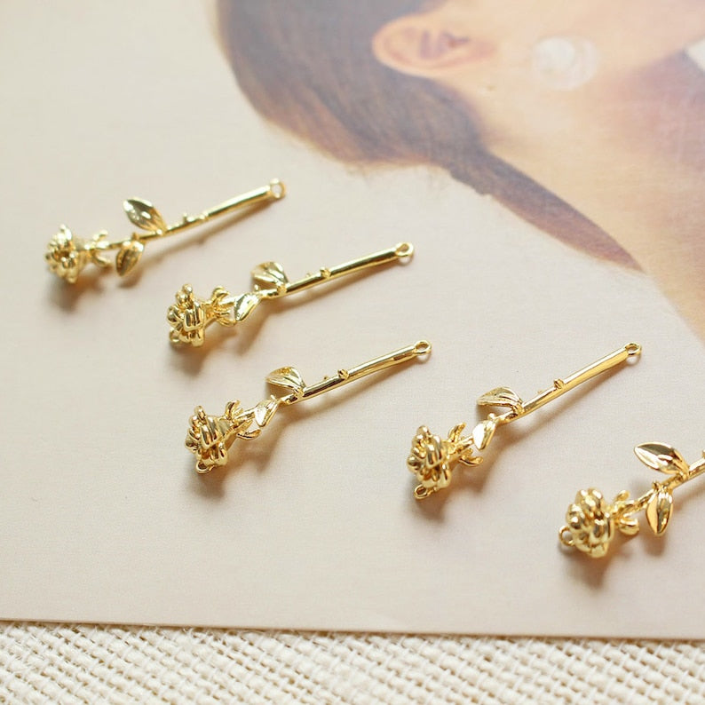 6pcs real 18k gold plated rose flower charm, rose connector,plant pendant,Jewelry Making,diy supply