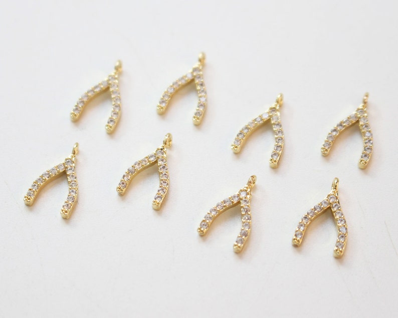 10pcs Real Gold Plated Brass Charm, CZ Pave Wish Bone Charm Pendant, Wish Charm , Gold Wishbone