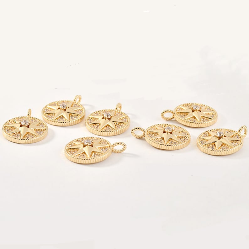 6pcs Real 18K Gold Plated Gold Dainty Compass Charm With Cubic Zirconia Crystals,Star Charm,Gold Initial Charm,cz pave star Charm