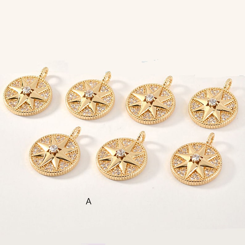 6pcs Real 18K Gold Plated Gold Dainty Compass Charm With Cubic Zirconia Crystals,Star Charm,Gold Initial Charm,cz pave star Charm