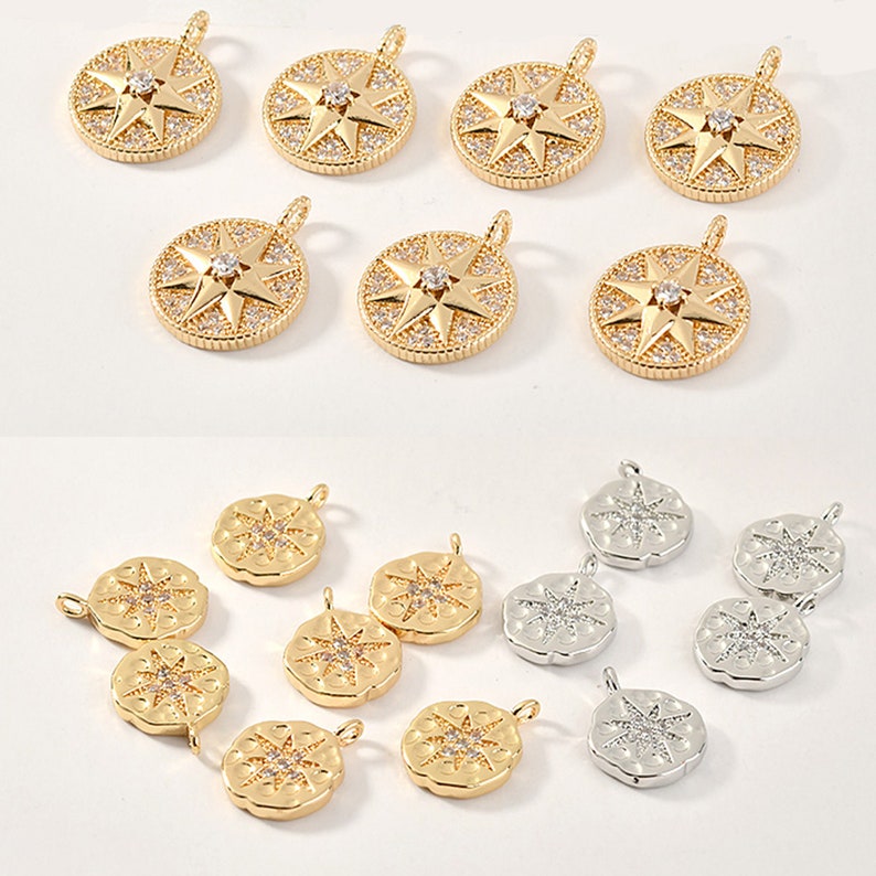 6pcs Real 18K Gold Plated Gold Dainty Compass Charm With Cubic Zirconia Crystals,Star Charm,Gold Initial Charm,cz pave star Charm