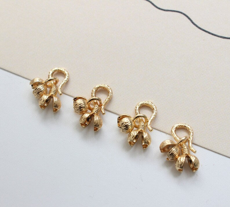 6PCS,Real Gold Plated Brass Flower Cord End Cap,Lobster Clasps, Leather Cord End Cap Connector for Bracelet/Necklace, Jewellery Clasps