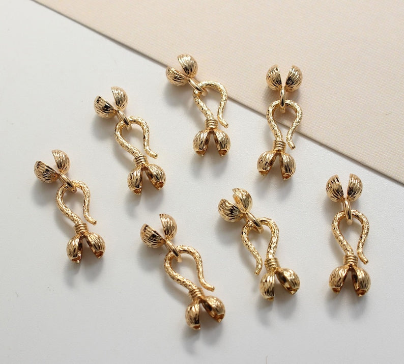 6PCS,Real Gold Plated Brass Flower Cord End Cap,Lobster Clasps, Leather Cord End Cap Connector for Bracelet/Necklace, Jewellery Clasps