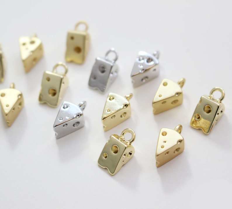 6pcs Real 18K Gold Plated Cheese Charm, Gold Initial Charm, Vermeil Cheese Pendant, Food, Dessert,Cake