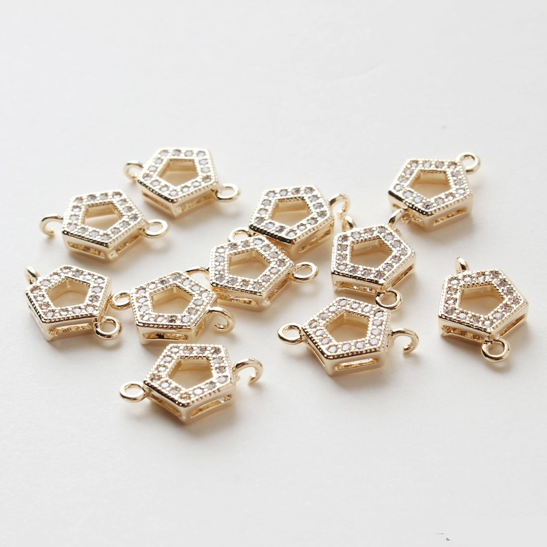 10pcs Real Gold Plated Hexagon Charm, Gold Initial Charm, Vermeil Hexagon Pendant, Gold Hexagon Connector, CZ Pave Hexagon Charm