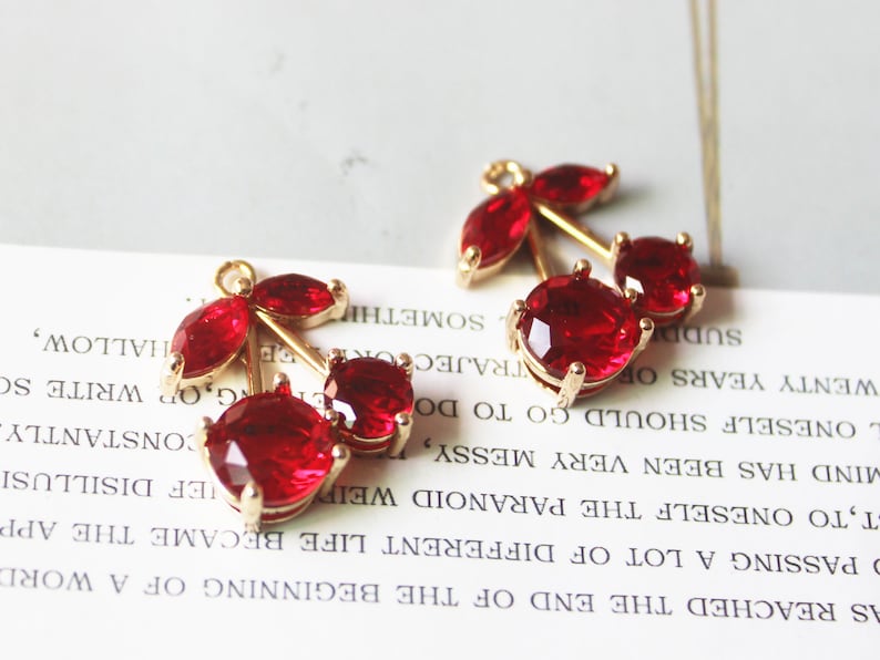 10pcs CZ Pave Cherry Charm, Zircon Cherry Pendant, fruit Charm, Food, Pave Charm, Gold Plated Over Brass