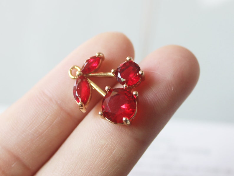 10pcs CZ Pave Cherry Charm, Zircon Cherry Pendant, fruit Charm, Food, Pave Charm, Gold Plated Over Brass