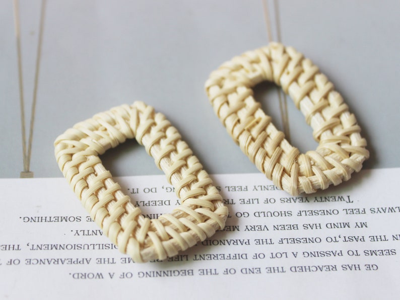 4pcs Natural Rattan Wood Earring Hoops, Rectangle Wooden Charms Handwoven Circle Findings Woven Boho Jewelry Making Blanks