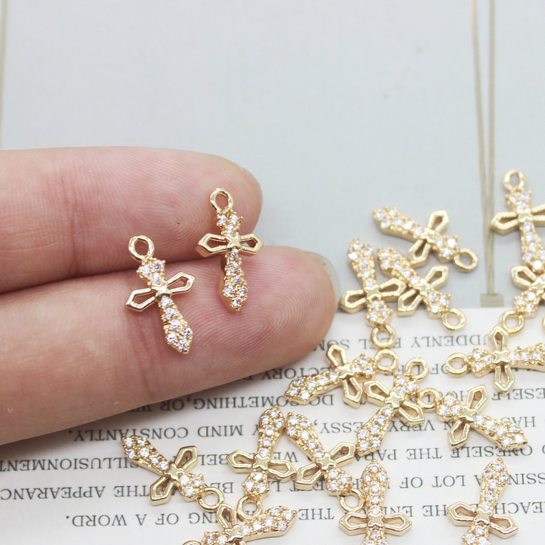 10pcs Real Gold Plated Cross Charm,Gold Initial Charm,Vermeil Cross Pendant,Tiny Gold Cross,cz pave Cross Charm