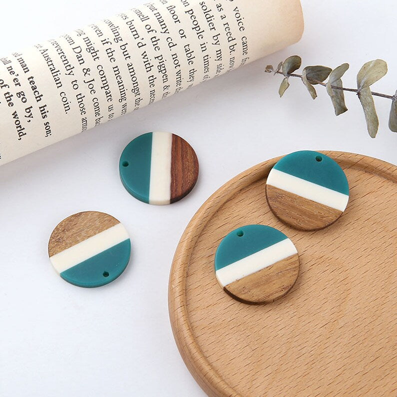 4pcs Epoxy Resin Pendants, Semi Translucent White Resin Findings, Wood and Resin Pendant, Color Blocked, Large Round Charm