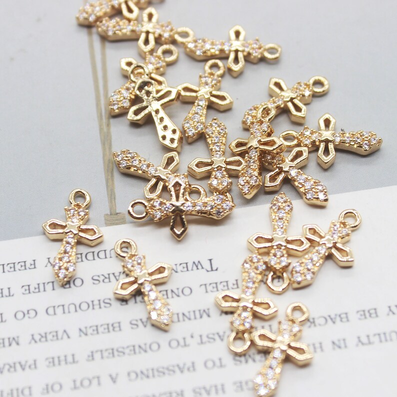 10pcs Real Gold Plated Cross Charm,Gold Initial Charm,Vermeil Cross Pendant,Tiny Gold Cross,cz pave Cross Charm