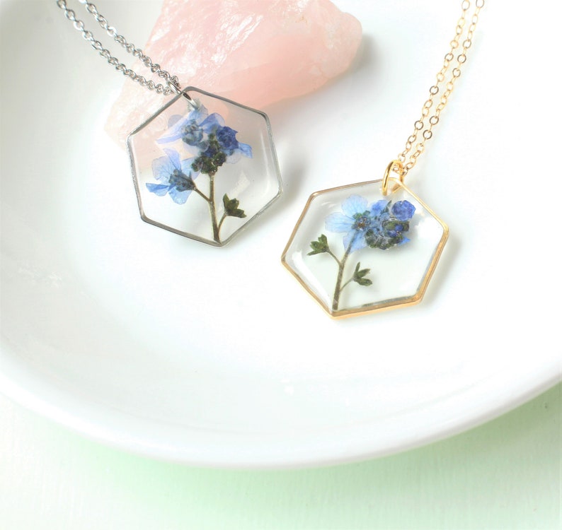 Forget-Me-Not Necklace, Pressed Flower Necklace, Hexagon Forget Me Not Pendant, Resin Plant, Handmade Botanical Mother's Day Gift for Her