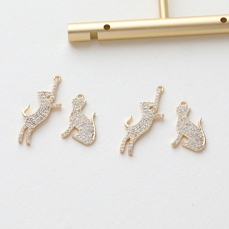 6pcs Real 18K Gold Plated Cat Charm,CZ PAVE Cat, Zircon Cat Charm,Animal Charm, Cat Drop,Jewelry Making