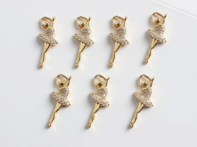 6pcs Real Gold Plated Ballet Girl Charm, CZ Pave Ballet Girl Pendant, Bracelets Finding,Trendy Charm,Gold Initial Charm