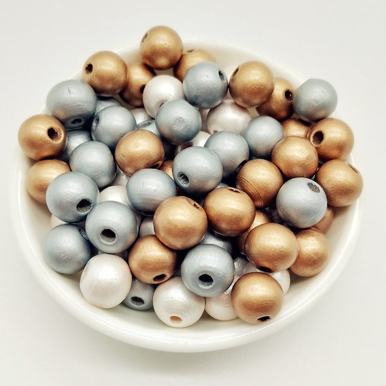 200PCS 8MM/10MM/12MM Wood Bead, Gold/Gray/Pearl White Bead Charm, Metallic Color Beads