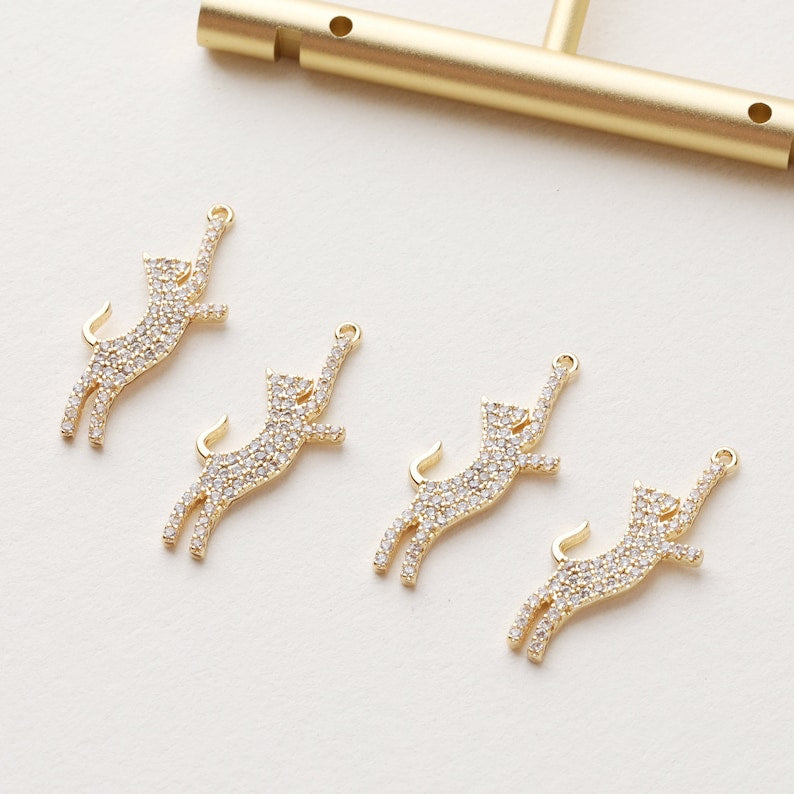 6pcs Real 18K Gold Plated Cat Charm,CZ PAVE Cat, Zircon Cat Charm,Animal Charm, Cat Drop,Jewelry Making