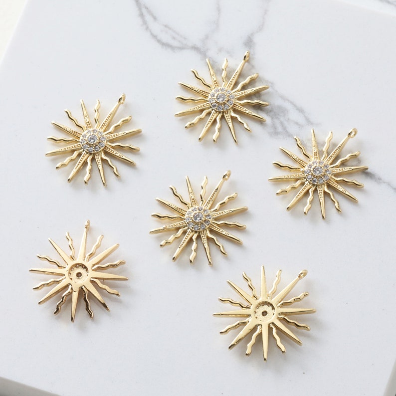 6pcs Real Gold Plated Sun Charm , CZ Pave Sun Charm,Bracelet Necklace Pendant, Sunflower Charm,Plant,Gold Plated Over Brass