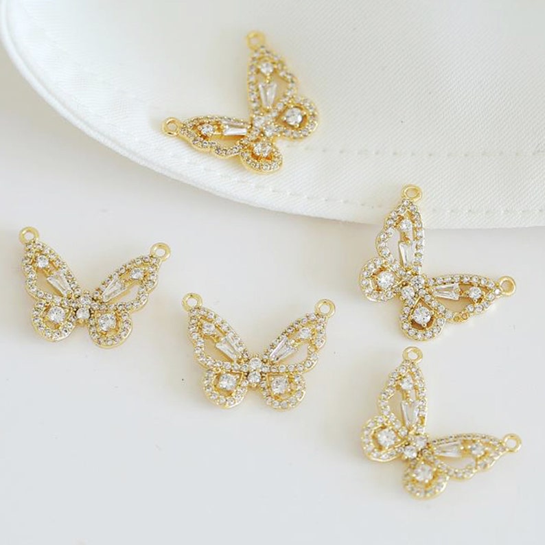 6pcs Real 18k Shiny Gold Butterfly Charms, CZ Pave Butterfly Connector, Dainty Charms, Necklace Charm, Bracelet Charms, Nickel-free