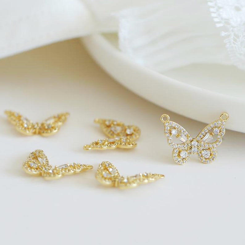 6pcs Real 18k Shiny Gold Butterfly Charms, CZ Pave Butterfly Connector, Dainty Charms, Necklace Charm, Bracelet Charms, Nickel-free