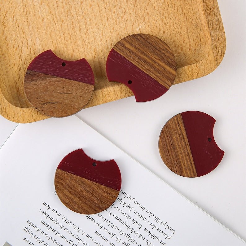 4pcs Epoxy Resin Pendants, Semi Translucent Red Resin Findings, Wood and Resin Pendant, Color Blocked, Large Round Charm