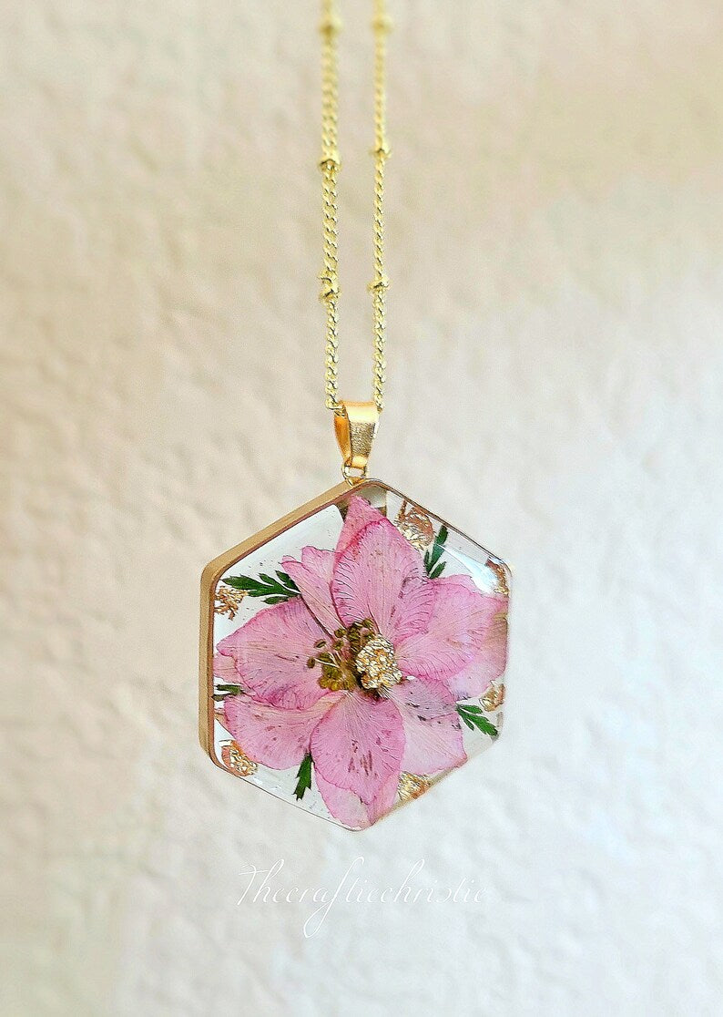 Plant Lover Gift,Resin Flower Jewelry,Larkspur Necklace,Geometrical earring,Minimalist jewelry,Nature Gift,Nature inspired Necklace,