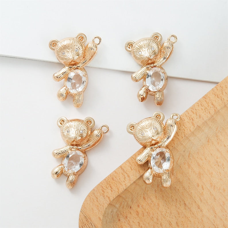 6PCS Gold Plated Play Bear Charm Pendant, cz Pave Bear Charm,Animal,Cute, Zircon Bear,Jewelry Making