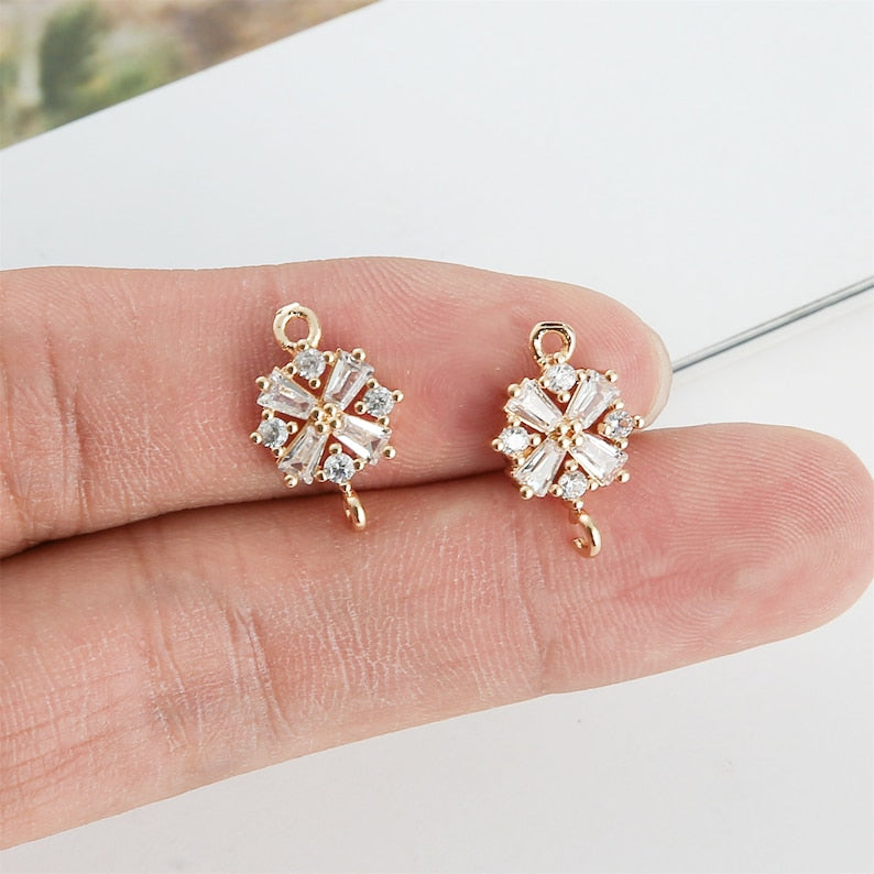 10pcs CZ Pave Flower Connector, Zircon Charm, Bracelet Necklace Pendant, Pave Charm, Gold Plated Over Brass