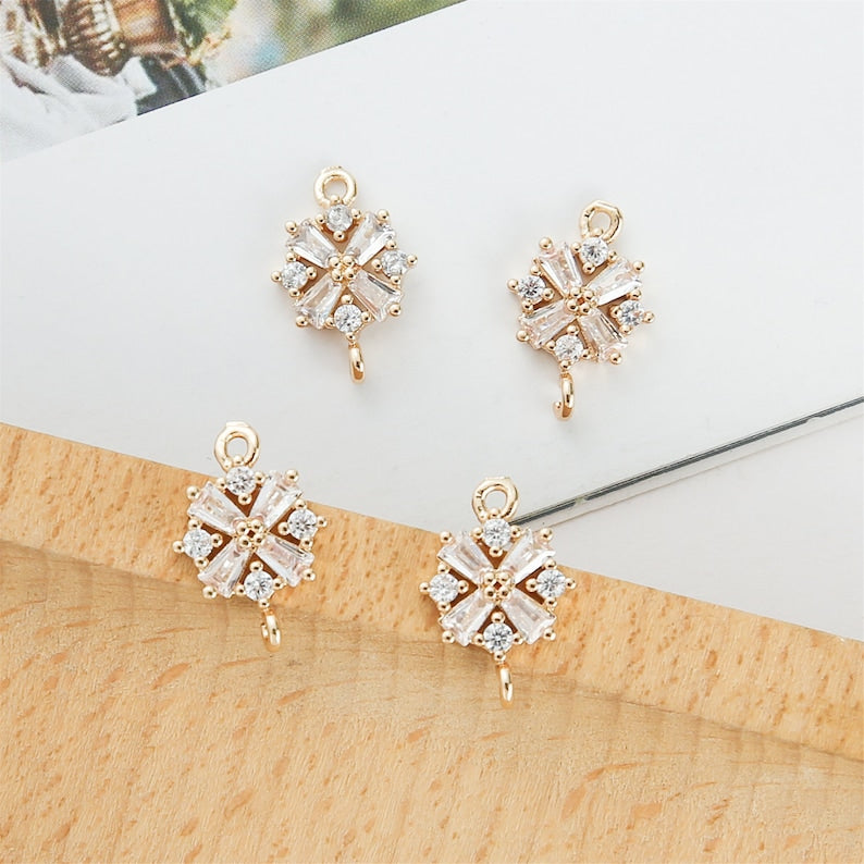 10pcs CZ Pave Flower Connector, Zircon Charm, Bracelet Necklace Pendant, Pave Charm, Gold Plated Over Brass