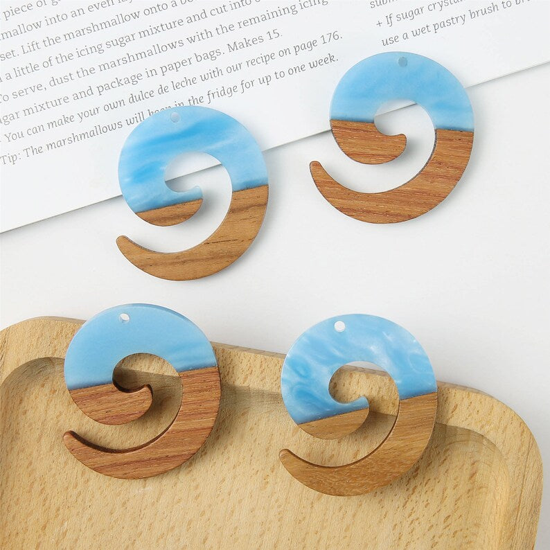 4pcs Epoxy Resin Pendants, Whirlpool Translucent White Resin Findings, Wood and Resin Pendant, Color Blocked, Large Round Charm