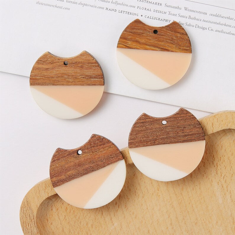 4pcs Epoxy Resin Pendants, Semi Translucent White Resin Findings, Wood and Resin Pendant, Color Blocked, Large Round Charm