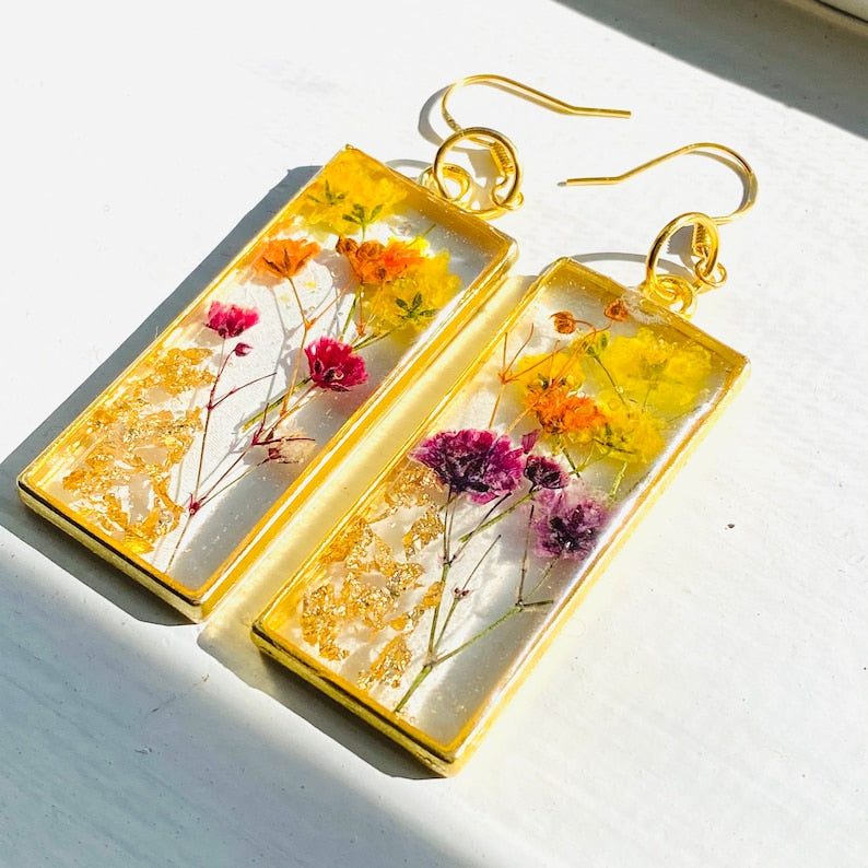 Pressed Flower Dangle Earrings, Colorful Flower Earrings, Gold Earrings, Real Flower Jewelry, Bohemian Flower Earring, Summer Earrings