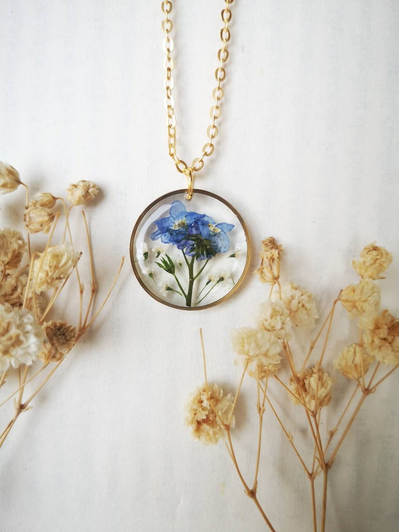 Forget Me Not Necklace,dainty Forget Me Not Jewelry, Real Flower Jewellery,Resin Jewelry, unique birthday gift, Real Pressed Flower Necklace