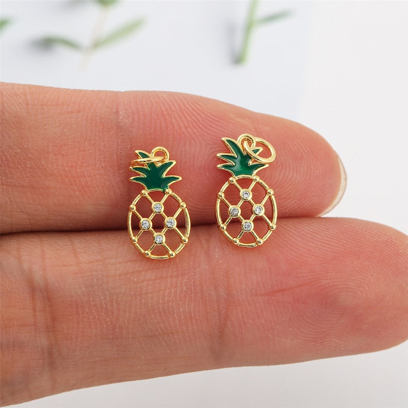 6pcs high quality Real Gold Plated Pineapple Charm, Zircon Pineapple Pendant, CZ Pave Pineapple,Tiny Fruit, Food Finding, Nickel Free