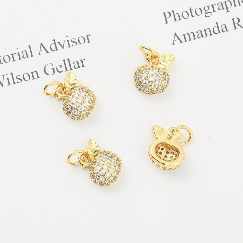 6pcs high quality Real Gold Plated Apple Charm, Zircon Apple Pendant, CZ Pave Apple,Tiny Fruit, Food Finding, Nickel Free