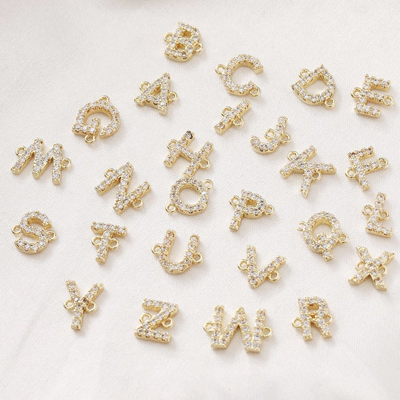 5PCS Real Gold Plated Cubic Zirconia Initial Letter Uppercase Letter Charms,Add A Charm,Tiny mini Initial Charms 26 Letters No Tarnish