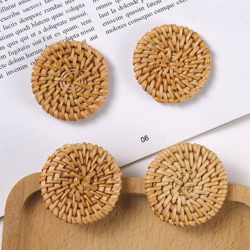 4pcs Natural Rattan Wood Earring Hoops,circle/teardrop/square,Round Wooden Charms Handwoven Circle Findings Woven Boho Jewelry Making Blanks