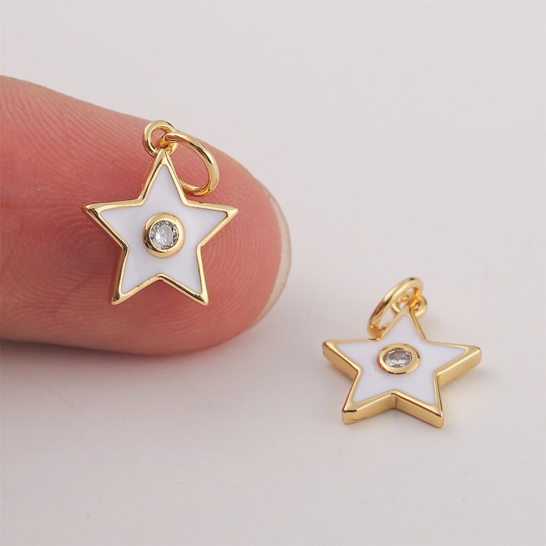 6pcs Nickel Free Real Gold Plated White Enamel Stars Charm,Gold Initial Charm,Vermeil Star Pendant,Tiny Gold Star, Zircon Star