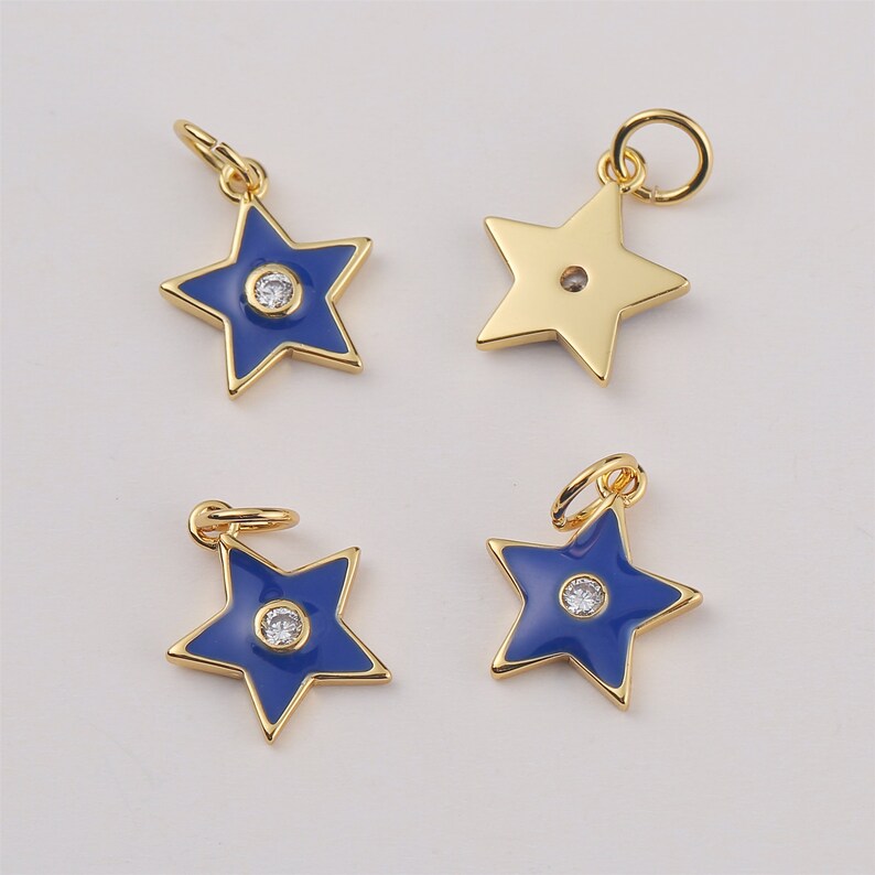 6pcs Nickel Free Real Gold Plated Blue Enamel Stars Charm,Gold Initial Charm,Vermeil Star Pendant,Tiny Gold Star, Zircon Star