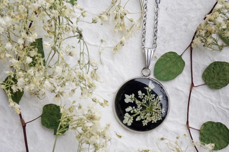 Queen Annes Lace Necklace Pendant | REAL Pressed Flower Necklace | Black and White Collection | Boho Wedding Jewelry by Pressed Wishes